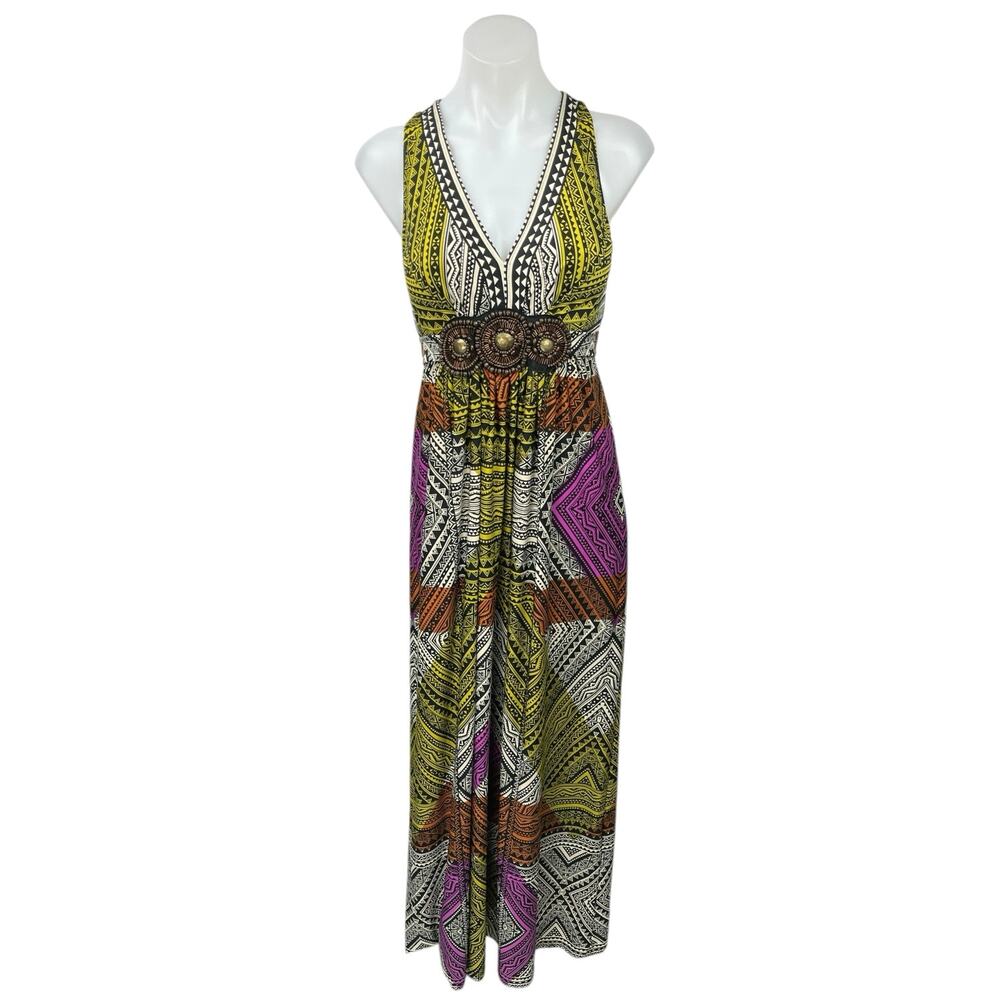 Eci Multicolor Sleeveless Geometric Beaded V-Neck Bohemian Slinky Maxi Dress 8